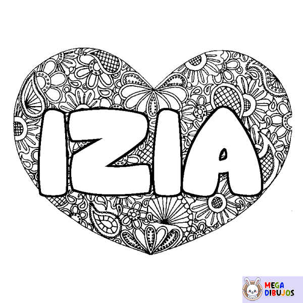 Coloración del nombre IZIA - decorado mandala de coraz&oacute;n