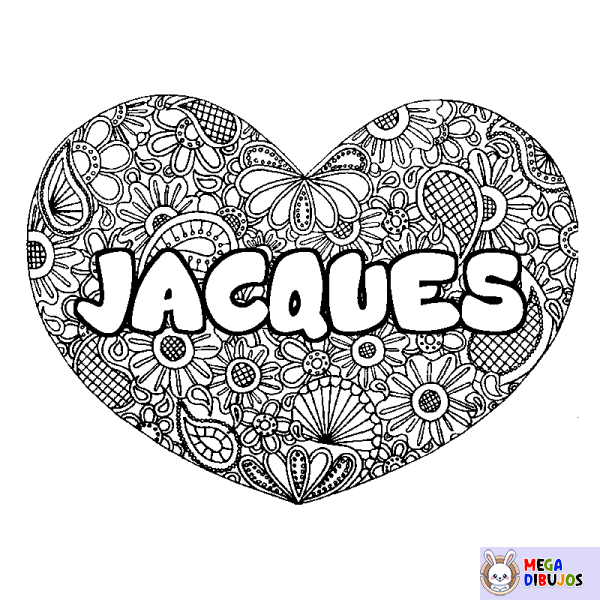 Coloración del nombre JACQUES - decorado mandala de coraz&oacute;n