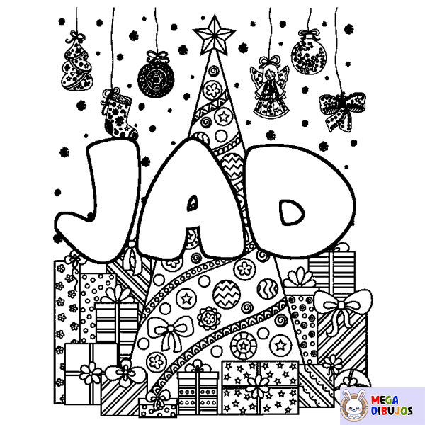 Coloración del nombre JAD - decorado &aacute;rbol de Navidad y regalos