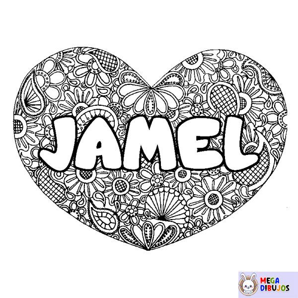 Coloración del nombre JAMEL - decorado mandala de coraz&oacute;n