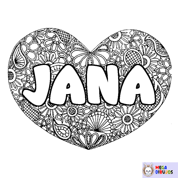 Coloración del nombre JANA - decorado mandala de coraz&oacute;n