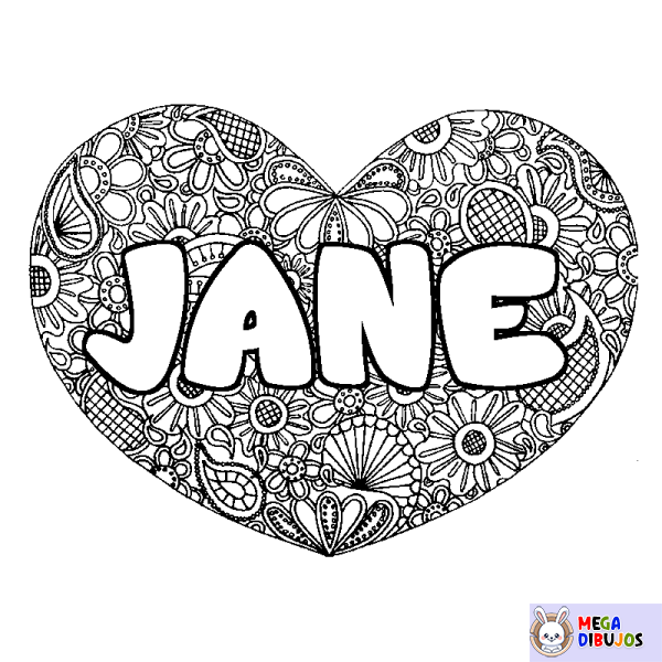 Coloración del nombre JANE - decorado mandala de coraz&oacute;n