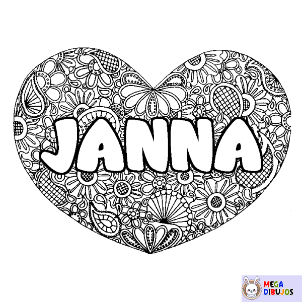 Coloración del nombre JANNA - decorado mandala de coraz&oacute;n