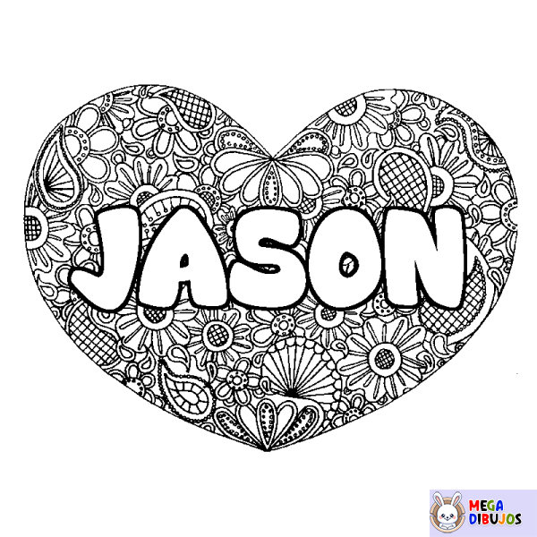 Coloración del nombre JASON - decorado mandala de coraz&oacute;n