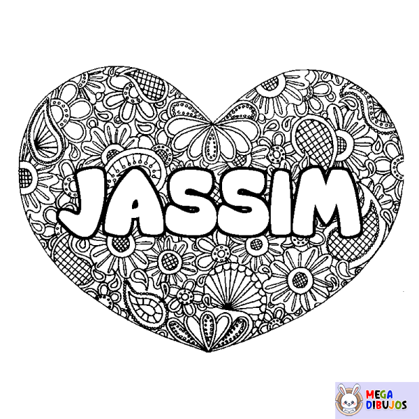 Coloración del nombre JASSIM - decorado mandala de coraz&oacute;n