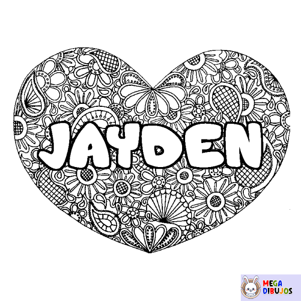 Coloración del nombre JAYDEN - decorado mandala de coraz&oacute;n