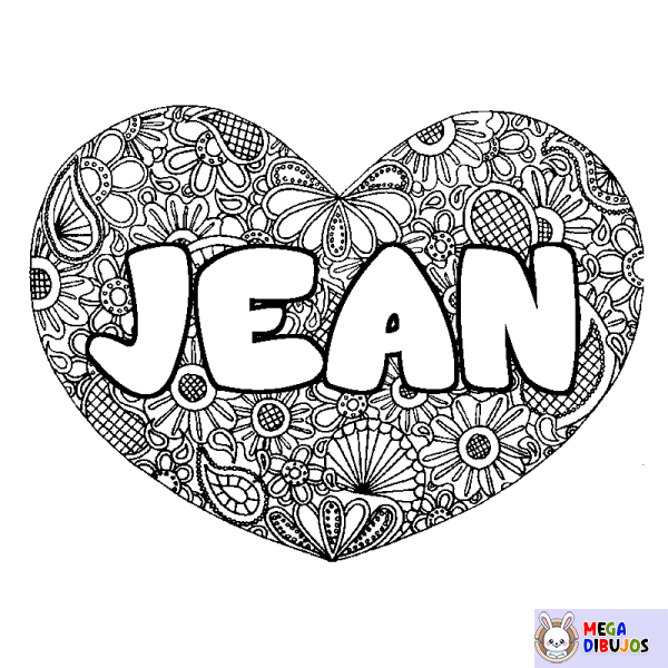 Coloración del nombre JEAN - decorado mandala de coraz&oacute;n