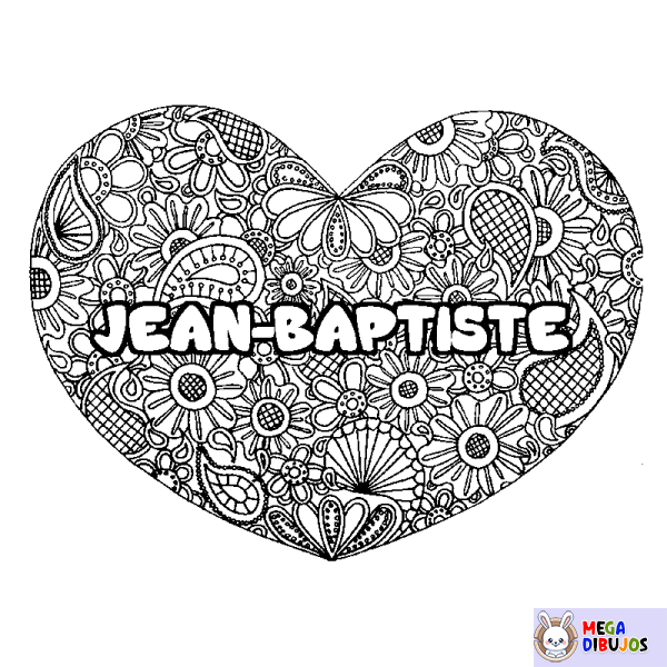 Coloración del nombre JEAN-BAPTISTE - decorado mandala de coraz&oacute;n