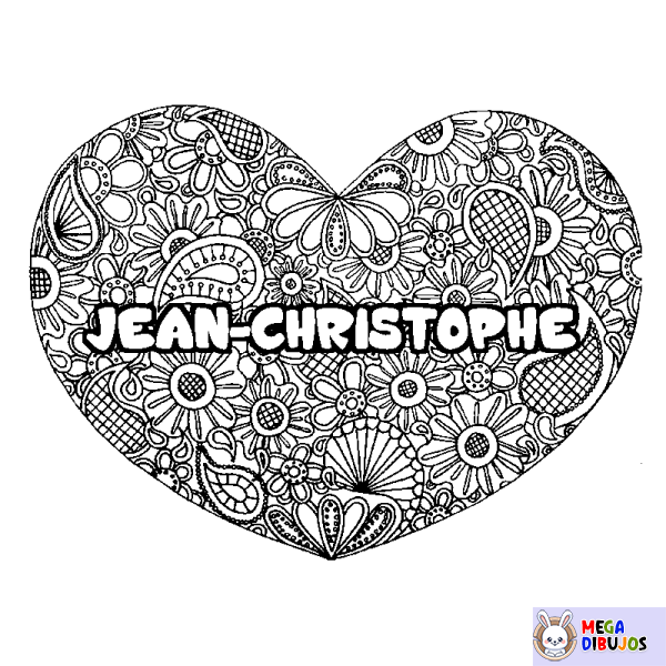 Coloración del nombre JEAN-CHRISTOPHE - decorado mandala de coraz&oacute;n