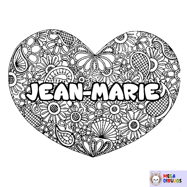 Coloración del nombre JEAN-MARIE - decorado mandala de coraz&oacute;n