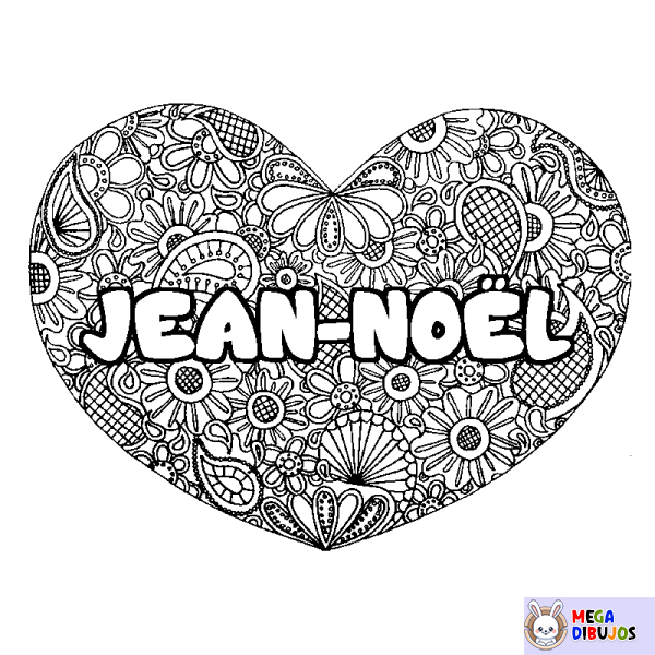 Coloración del nombre JEAN-NO&Euml;L - decorado mandala de coraz&oacute;n