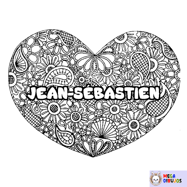 Coloración del nombre JEAN-S&Eacute;BASTIEN - decorado mandala de coraz&oacute;n