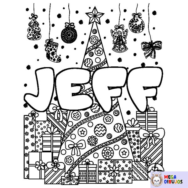 Coloración del nombre JEFF - decorado &aacute;rbol de Navidad y regalos