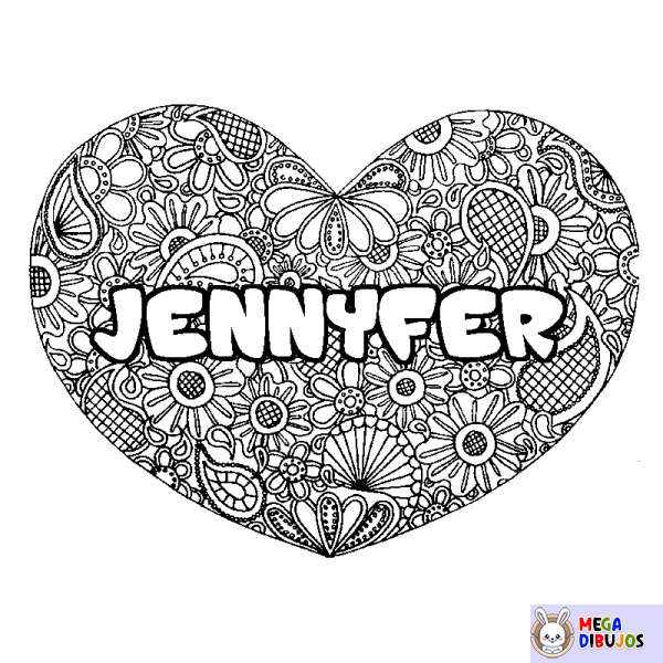 Coloración del nombre JENNYFER - decorado mandala de coraz&oacute;n