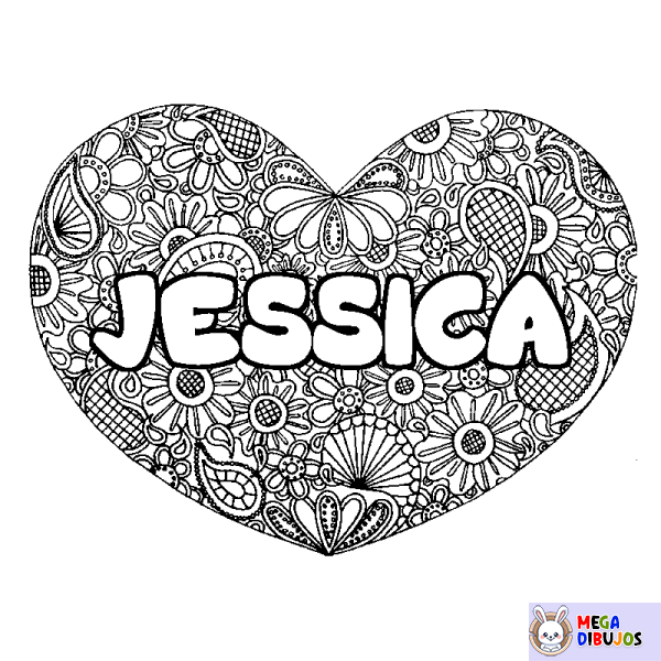 Coloración del nombre JESSICA - decorado mandala de coraz&oacute;n