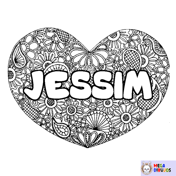 Coloración del nombre JESSIM - decorado mandala de coraz&oacute;n