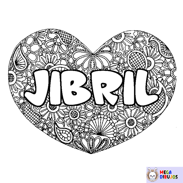 Coloración del nombre JIBRIL - decorado mandala de coraz&oacute;n