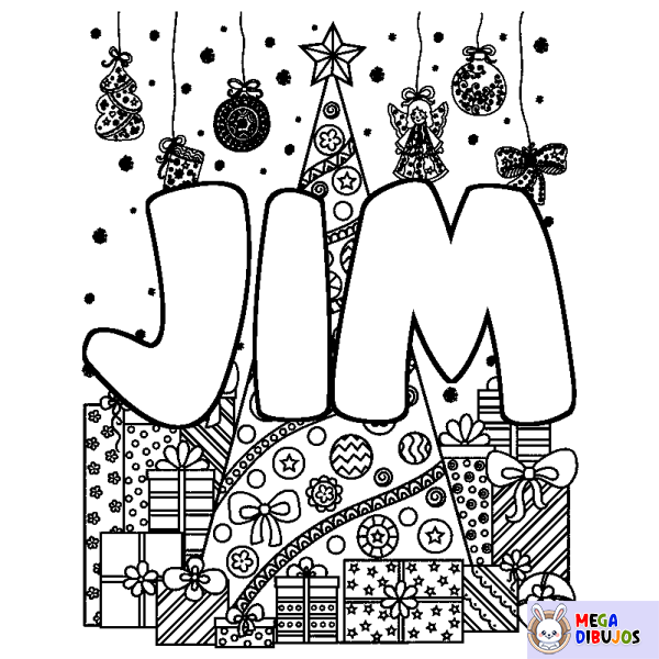 Coloración del nombre JIM - decorado &aacute;rbol de Navidad y regalos