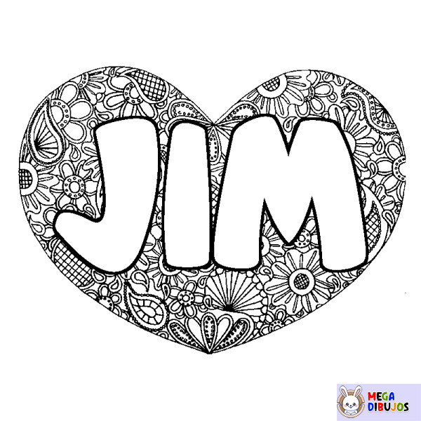 Coloración del nombre JIM - decorado mandala de coraz&oacute;n