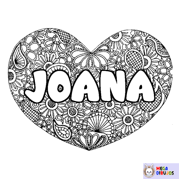 Coloración del nombre JOANA - decorado mandala de coraz&oacute;n