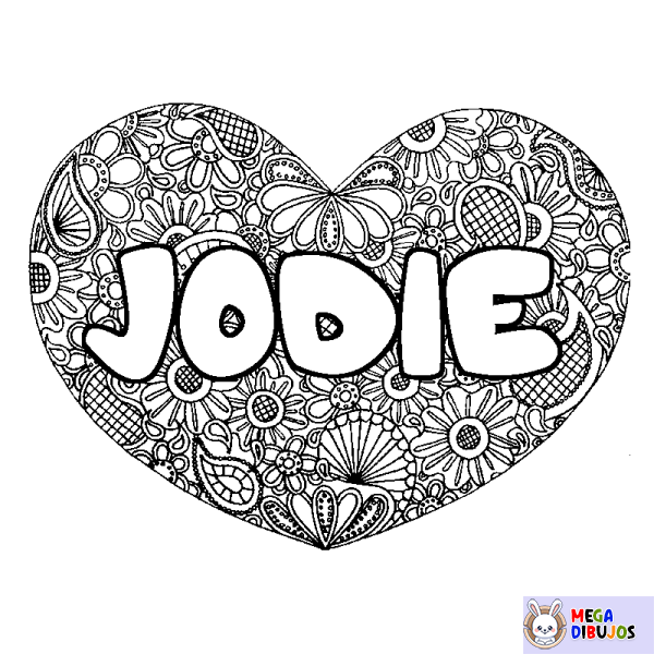 Coloración del nombre JODIE - decorado mandala de coraz&oacute;n