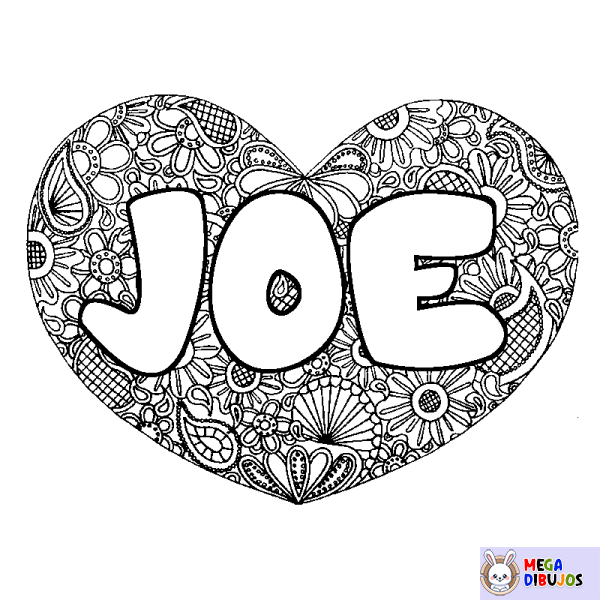 Coloración del nombre JOE - decorado mandala de coraz&oacute;n