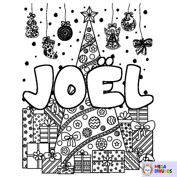 Coloración del nombre JO&Euml;L - decorado &aacute;rbol de Navidad y regalos