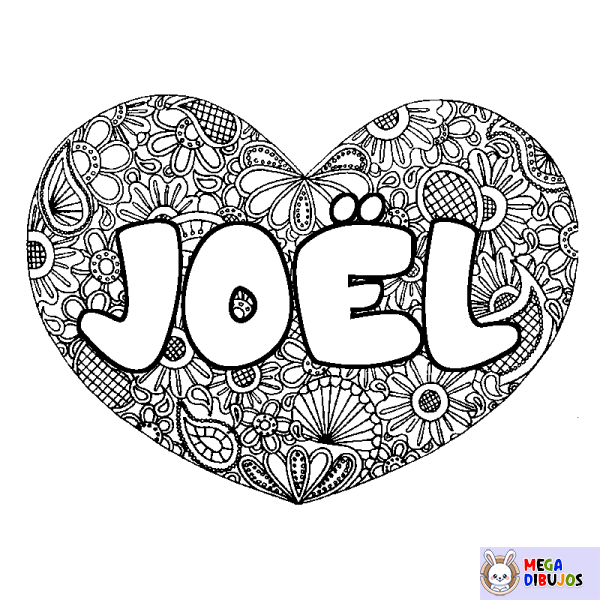 Coloración del nombre JO&Euml;L - decorado mandala de coraz&oacute;n