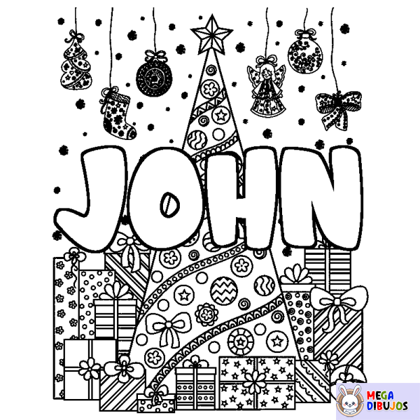 Coloración del nombre JOHN - decorado &aacute;rbol de Navidad y regalos