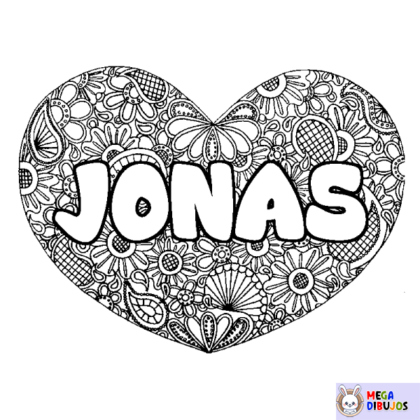 Coloración del nombre JONAS - decorado mandala de coraz&oacute;n