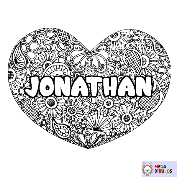 Coloración del nombre JONATHAN - decorado mandala de coraz&oacute;n