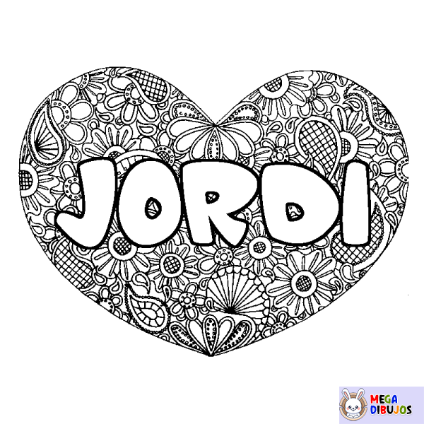 Coloración del nombre JORDI - decorado mandala de coraz&oacute;n