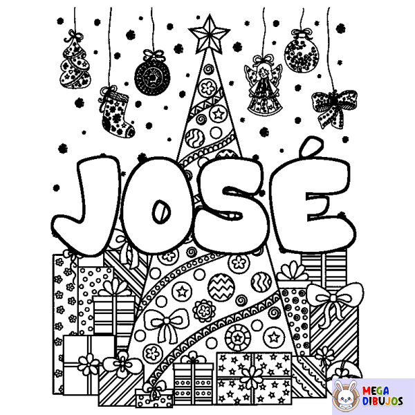 Coloración del nombre JOS&Eacute; - decorado &aacute;rbol de Navidad y regalos