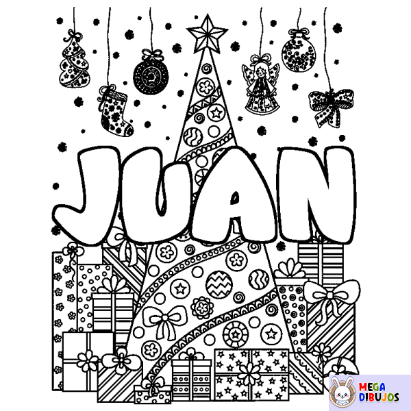 Coloración del nombre JUAN - decorado &aacute;rbol de Navidad y regalos