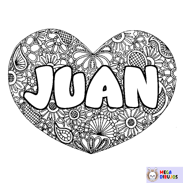 Coloración del nombre JUAN - decorado mandala de coraz&oacute;n