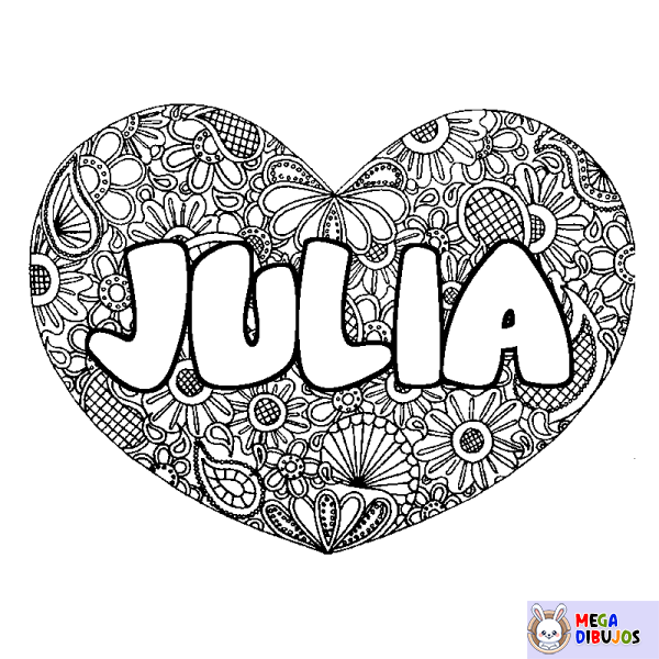 Coloración del nombre JULIA - decorado mandala de coraz&oacute;n