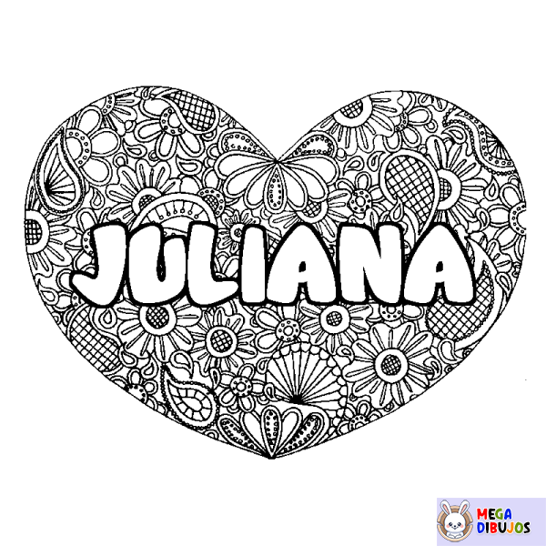 Coloración del nombre JULIANA - decorado mandala de coraz&oacute;n