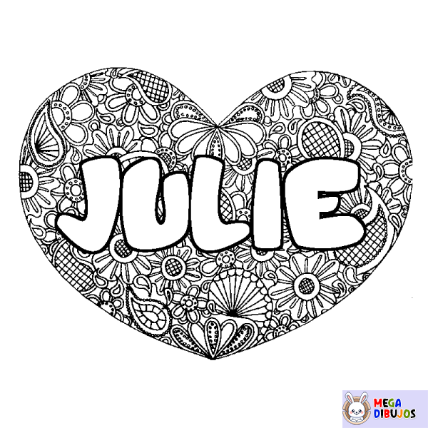 Coloración del nombre JULIE - decorado mandala de coraz&oacute;n