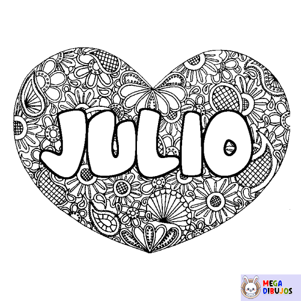 Coloración del nombre JULIO - decorado mandala de coraz&oacute;n