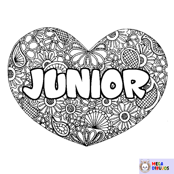 Coloración del nombre JUNIOR - decorado mandala de coraz&oacute;n