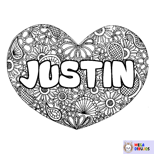 Coloración del nombre JUSTIN - decorado mandala de coraz&oacute;n