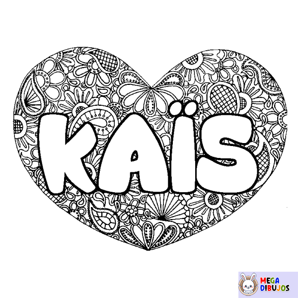 Coloración del nombre KA&Iuml;S - decorado mandala de coraz&oacute;n