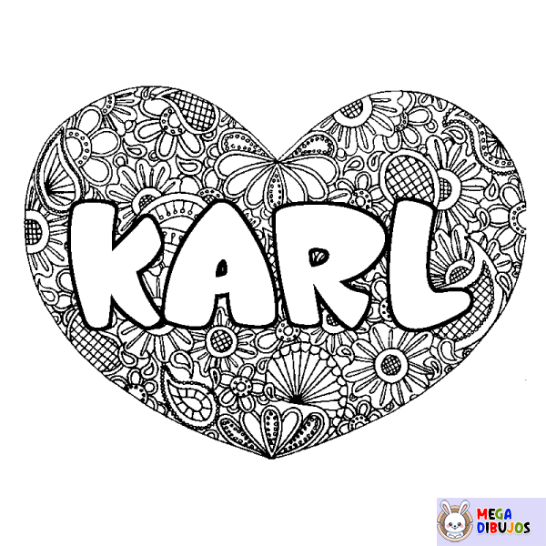 Coloración del nombre KARL - decorado mandala de coraz&oacute;n