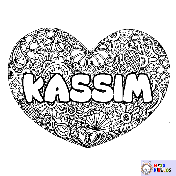 Coloración del nombre KASSIM - decorado mandala de coraz&oacute;n