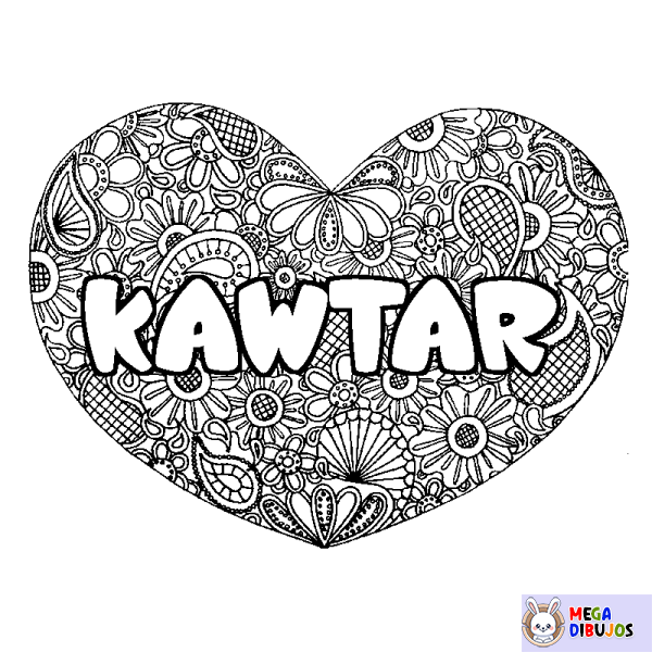 Coloración del nombre KAWTAR - decorado mandala de coraz&oacute;n