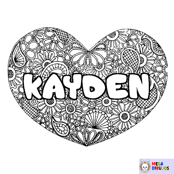 Coloración del nombre KAYDEN - decorado mandala de coraz&oacute;n