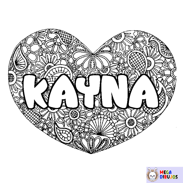 Coloración del nombre KAYNA - decorado mandala de coraz&oacute;n