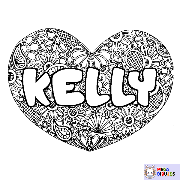 Coloración del nombre KELLY - decorado mandala de coraz&oacute;n