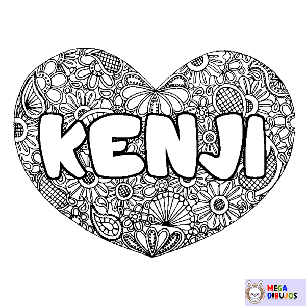 Coloración del nombre KENJI - decorado mandala de coraz&oacute;n