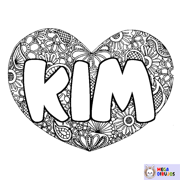 Coloración del nombre KIM - decorado mandala de coraz&oacute;n